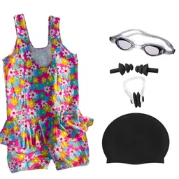 spocco | Swimming Kit for Girls (Age 6-8 Years) with One Piece Frock Style Swimming Costume | Goggles | Cap Ear Plug | Nose Clip | for Swimming Pool, Water Park, School Pool Party, Beach | SC104 image 1