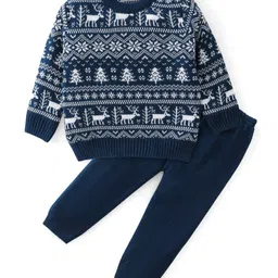 Babyhug Knitted Full Sleeves Baby Sweater Set with Snow Flakes Design - Navy Blue-image-38