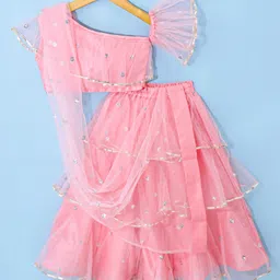 Saka Designs Net Woven Half Sleeves Sequinned Designed Choli Lehenga Set with Dupatta - Pink-image-91