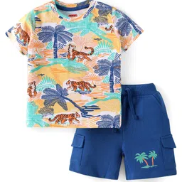 Babyhug Single Jersey Knit Half Sleeves Jungle Print T-Shirt & Shorts Set - Blue-image-17