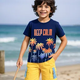 OLLINGTON ST. 100% Cotton Knit Half Sleeves Coconut Tree Printed T-Shirt & Shorts Set - Navy Blue & Yellow-image-25