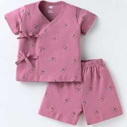 Zero Interlock Knit Half Sleeves Shorts Night Suit With Teddy Bear Print - Rose Gold-picture-13