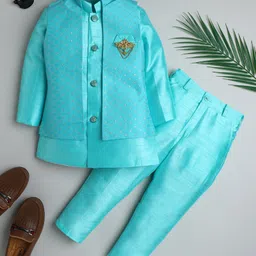 Ahhaaaa Velvet Full Sleeves Solid Kurta With Pant & Embroidered Jacket Set - Turquoise Blue-picture-26