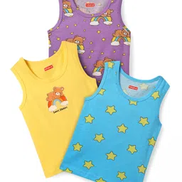Babyhug 100% Cotton Sleeveless Teddy & Star Printed Sando Pack Of 3 -Purple Yellow & Blue-picture-24