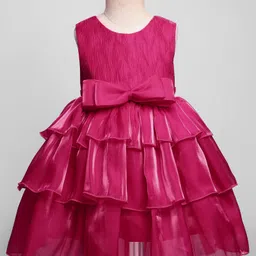 Babyhug Woven Sleeveless Fit & Flare Layered Partywear Dress With Bow Applique - Red-picture-29
