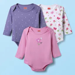 Babyhug 100% Cotton Interlock Knit Full Sleeves Onesies with Floral Print Pack of 3 - White Pink & Purple-picture-16