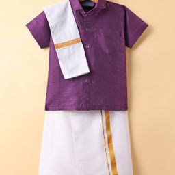 Dapper Dudes Cotton Silk Woven Half Sleeves Solid Shirt With Placement Foil Striped Mundu & Angavastram Set - Wine-picture-32
