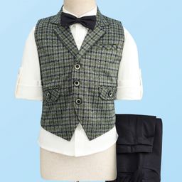 Rikidoos Full Sleeves Checked 3 Piece Party Suit With Bow Set - Green & Navy Blue-picture-24