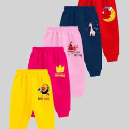 KUCHIPOO Cotton Blend Knit Pack Of 5 Fruits & Animals Printed Track Pants - Red Blue Pink Yellow & Magenta-picture-14