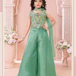 Lagorii Organza Woven Sleeveless Floral Embroidered & Beads Embellished Top Palazzo With Dupatta Set - Green-picture-11