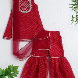The Magic Wand Woven Sleeveless Leheriya Printed & Gota Lace Embellished Kurti Sharara With Dupatta Set - Red-picture-17