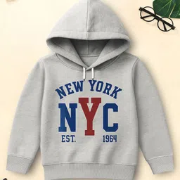 Trampoline Fleece Knit Full Sleeves New York Text Printed Hooded Winter Sweatshirt - Grey-image-22