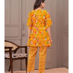 CeleBravo Cotton Woven Half Batwing Sleeves Floral Printed Maternity Ethnic Kaftan Style Kurta With Nursing Access & Pant Set - Mustard image 3