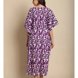 Secret Wish Rayon Woven Half Batwing Sleeves Leaves Printed Maternity Kaftan Nighty With Side Zipper Nursing Access - Purple image 3