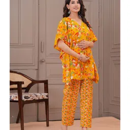 CeleBravo Cotton Woven Half Batwing Sleeves Floral Printed Maternity Ethnic Kaftan Style Kurta With Nursing Access & Pant Set - Mustard image 4