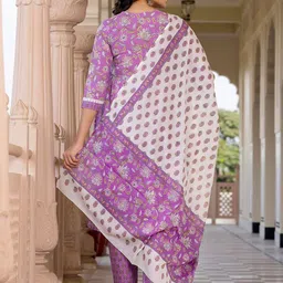 KALINI Floral Printed Gotta Patti Pure Cotton A-Line Kurta With Trouser & Dupatta image 5