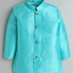 Ahhaaaa Velvet Full Sleeves Solid Kurta With Pant & Embroidered Jacket Set - Turquoise Blue image 5