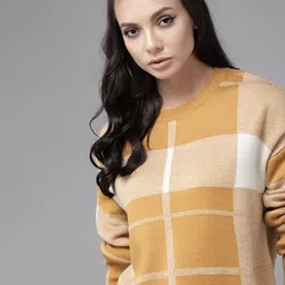 Roadster Women Mustard Yellow & Off White Checked Pullover Sweater-picture-28