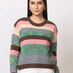 Navsha Women Striped Round Neck Woollen Pullover-image-18