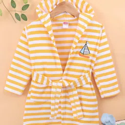 Babyhug Terry Knit Full Sleeves Bath Robe With Hood and Boat Embroidery - Yellow-image-73