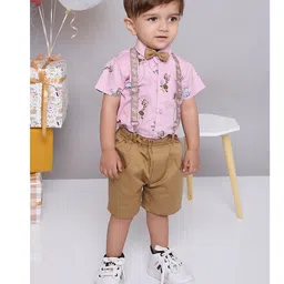KID1 Half Sleeves Giraffe Printed Shirt Shorts Bow & Suspender - Pink & Brown-picture-28