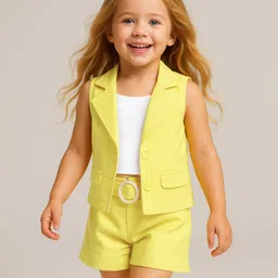 Babyhug Knit Sleeveless Co-Ord Set Solid Color - Yellow-picture-10