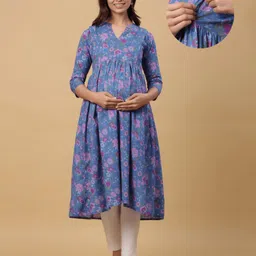 CRAFIQA Three Fourth Sleeves Floral Printed Maternity Kurta With Concealed Zipper Nursing Access - Blue & Pink-picture-26