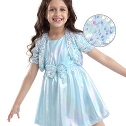Hola Bonita Knit Solid Shimmer Party Dress With Half Sleeves Sequinned Jacket & Bow Applique - Light Blue-picture-0