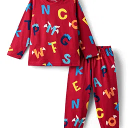 Babyhug Cotton Knit Full Sleeves Co-Ord Night Suit With Alphabet Print - Red-picture-24
