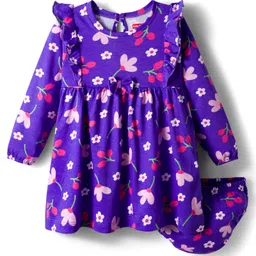 Babyhug Single Jersey Knit Full Sleeves Frock With Bloomer & Floral Print - Purple-picture-27