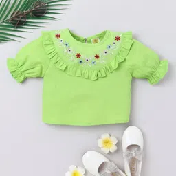 Aww Hunnie 100% Cotton Woven Half Peasant Sleeves Floral Embroidered Top - Green-picture-12