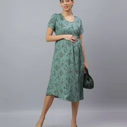 Mamma's Maternity Cotton Woven Half Sleeves Floral Printed Maternity Nighty With Side Concealed Zipper Nursing Access - Sage Green-picture-36