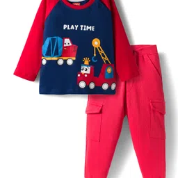 Babyhug Single Jersey Knit Full Raglan Sleeves T-Shirt and Joggers Set with Vehicle Print - Red-picture-10