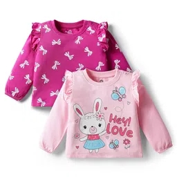 Doodle Poodle 100% Cotton Knit Full Sleeves Tops With Bunny & Bow Print With Frill Detailing Pack of 2- Dark Pink & Pink-picture-38