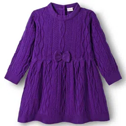 Babyhug Knit Full Sleeves Woolen Dress With Cable Knit Design & Bow Applique - Purple-picture-11