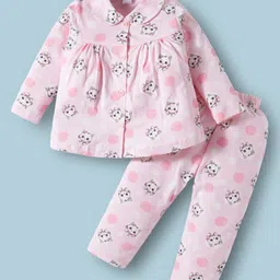 Teddy Sinker Knit Full Sleeves Co-ords Night Suit With Cat Print - Peach-picture-31