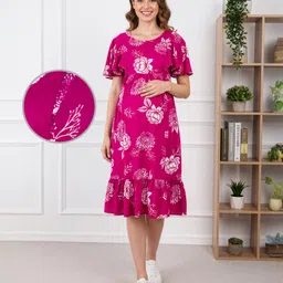 Bella Mama Woven Half Flutter Sleeves Maternity Dress With Floral Print - Fuchsia-picture-13