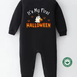 BLUSHES 100% Cotton Knit Halloween Theme Full Sleeves Its My First Halloween Text Printed Romper - Black-picture-17