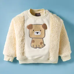 Little Kangaroos Fur Woven Full Sleeves Winter Wear T-Shirt & Joggers Set with Dog Patch - Cream image 2