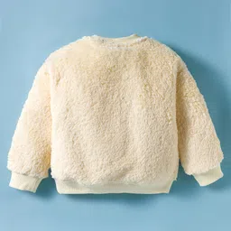 Little Kangaroos Fur Woven Full Sleeves Winter Wear T-Shirt & Joggers Set with Dog Patch - Cream image 3