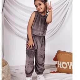 NEUDIS Velvet Knit Ribbed Top & Trouser With Full Sleeves Shrug Set - Charcoal Grey image 4