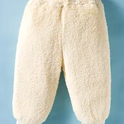 Little Kangaroos Fur Woven Full Sleeves Winter Wear T-Shirt & Joggers Set with Dog Patch - Cream image 4