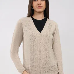 Monte Carlo Women Embroidered Self Design V Neck Full Sleeve Woollen Cardigan-image-2