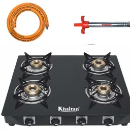 Khaitan Combo - 1 unit Khaitan 4 Burner Active Forge Black Tougned Glass Gas Stove + 1 unit Hindflame Kitchen Lighter + 1 unit Hindflame LPG Hose Pipe (1.5 mtr) (4 Burner) image 1