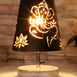 Devansh Ganesha Metal Etching Table Lamp With White Brushed wood Round Base-image-6