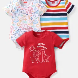 Babyhug Interlock Knit Half Sleeves Onesies With Animal Print Pack of 3 - Red & White-picture-10