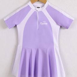Pine Active Half Raglan Sleeves Frock Swimsuit - Purple-picture-1