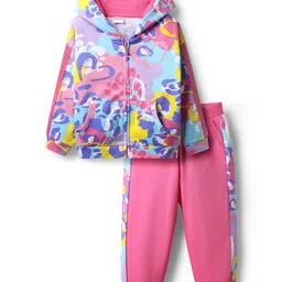 Babyhug Single Jersey Knit Drop Shoulder Sleeves Hooded Top & Trouser Set With Abstract Print - Pink-picture-10