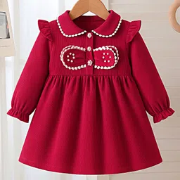 Mark & Mia Woven Full Sleeves Frock with Peter Pan Collar & Lace Detailing - Red-picture-12