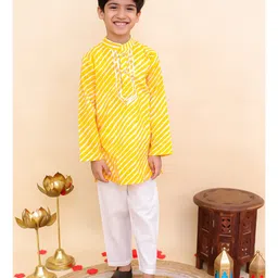 AJ Dezines Cotton Woven Full Sleeves Leheriya Printed & Gota Lace Embellished Kurta Pajama Set - Yellow-image-3
